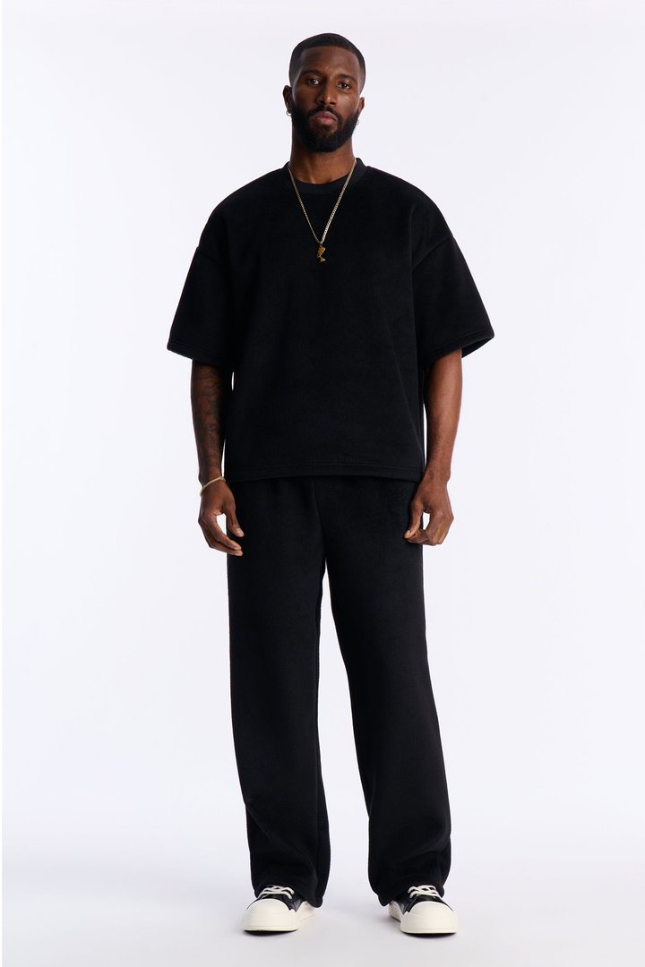 Fuzzy Textured Premium Short Sleeve Sweatshirt - Black