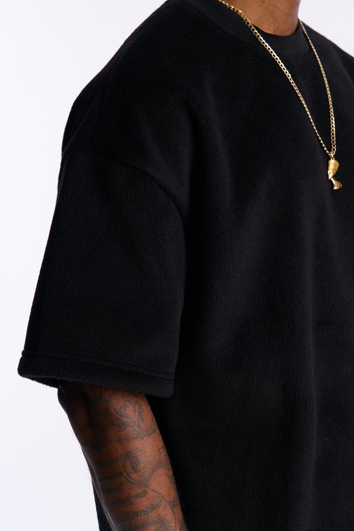 Fuzzy Textured Premium Short Sleeve Sweatshirt - Black