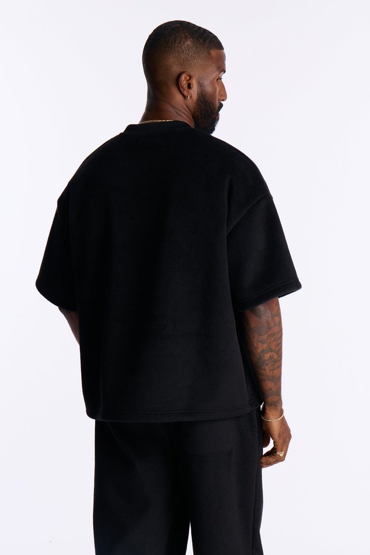 Fuzzy Textured Premium Short Sleeve Sweatshirt - Black