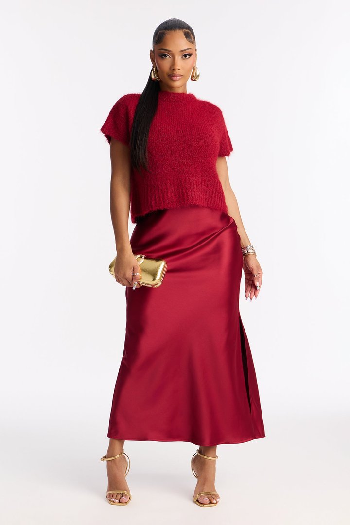 Found You Satin Sweater Maxi Dress Set - Burgundy