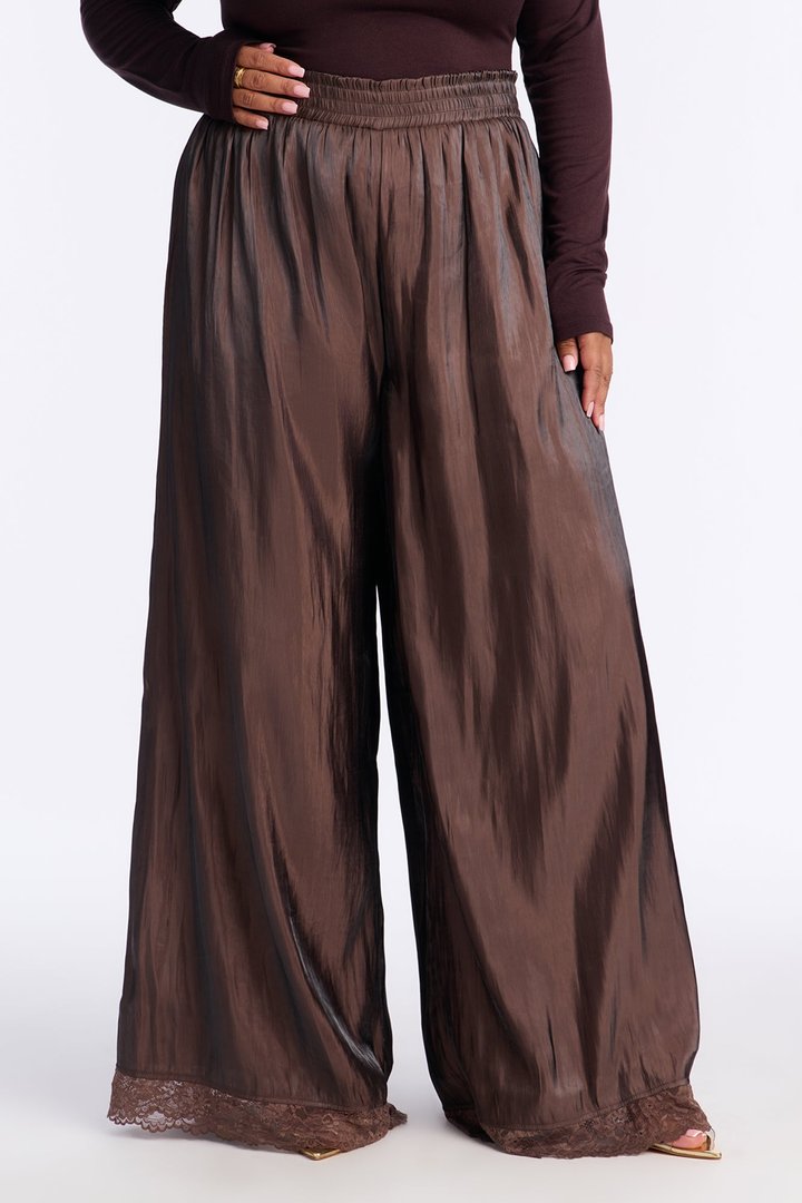 Miriam Satin Lace Trim Wide Leg Pant 32″ - Chocolate