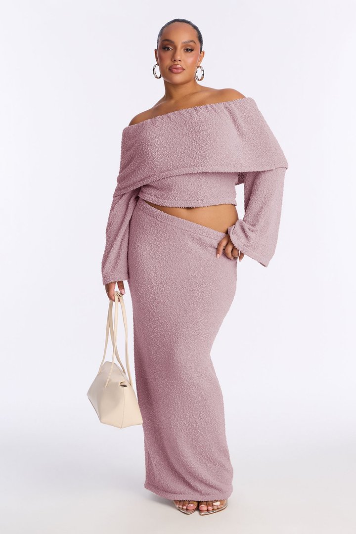 Double Date Off Shoulder Sweater Maxi Skirt Set - Mauve