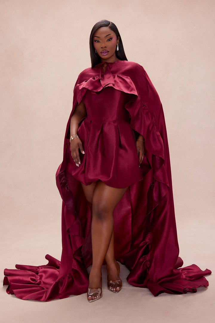Chic Drama 2 Piece Cape Mini Dress Set - Burgundy
