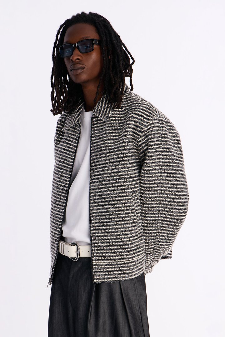 Relaxed Cropped Tweed Bomber Jacket - Grey