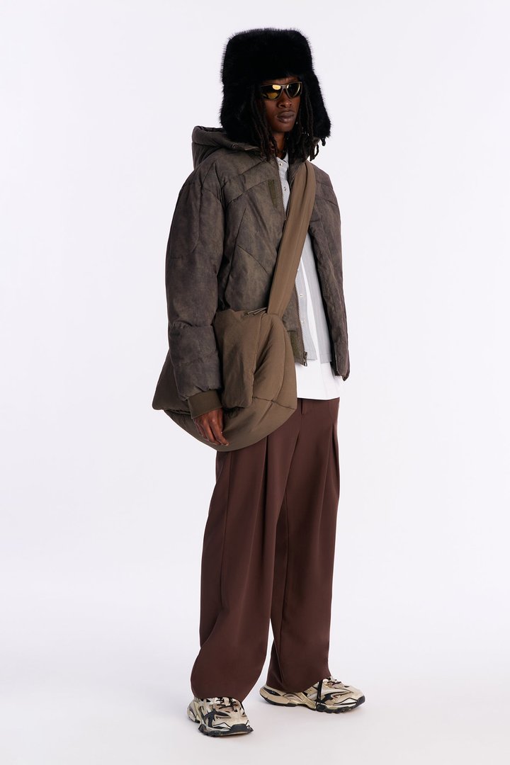 Oversized Hooded Spiraling Washed Puffer Jacket - Olive