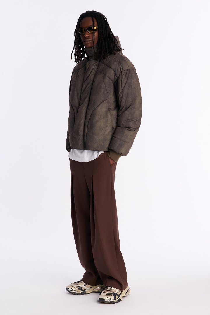 Oversized Hooded Spiraling Washed Puffer Jacket - Olive