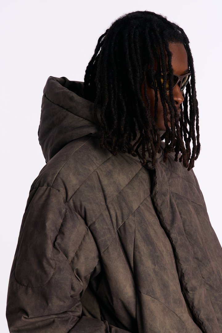 Oversized Hooded Spiraling Washed Puffer Jacket - Olive