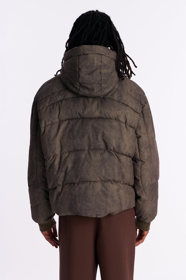 Oversized Hooded Spiraling Washed Puffer Jacket - Olive
