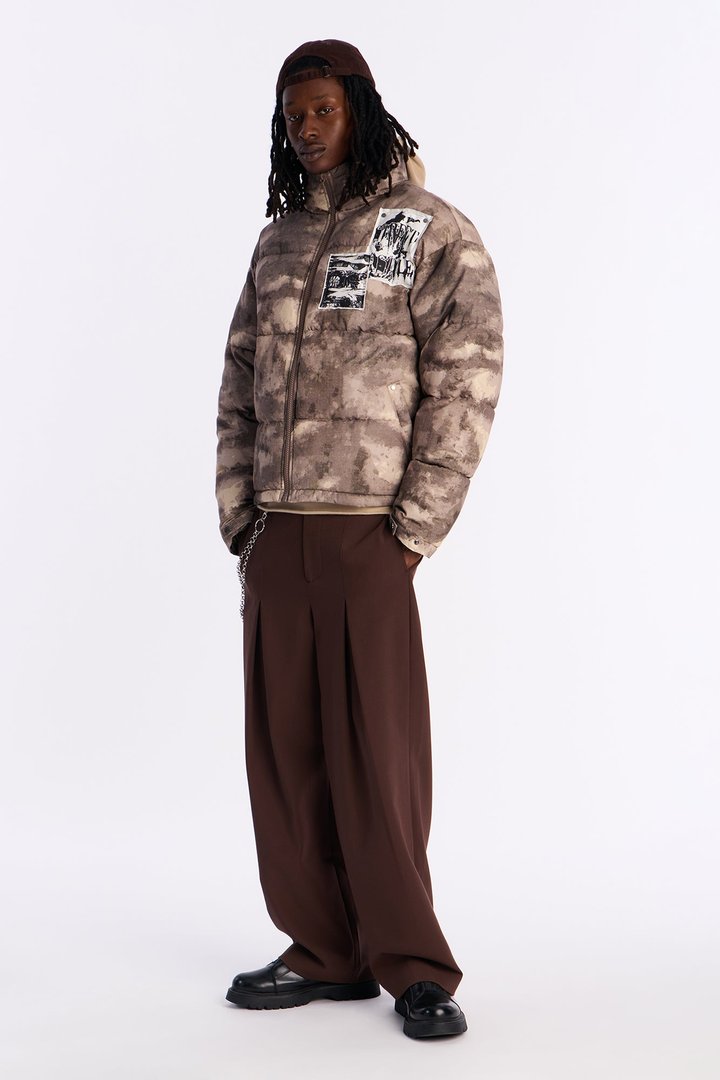 Cropped Camo Rebel Patched Puffer Jacket - Brown