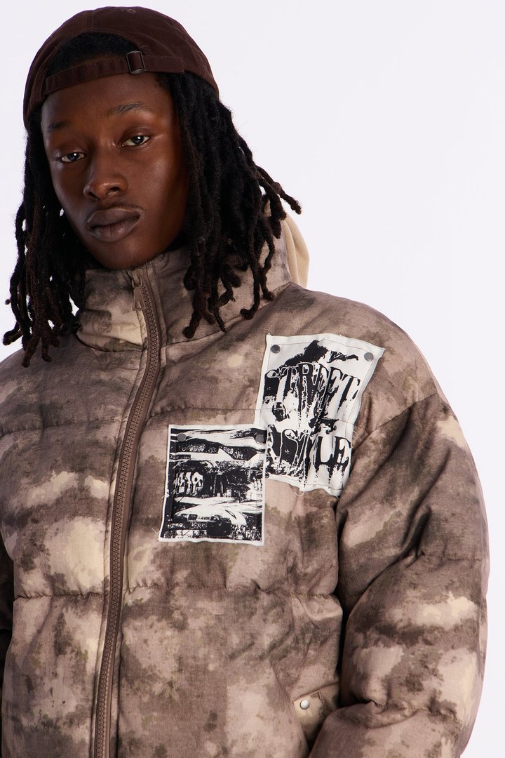 Cropped Camo Rebel Patched Puffer Jacket - Brown