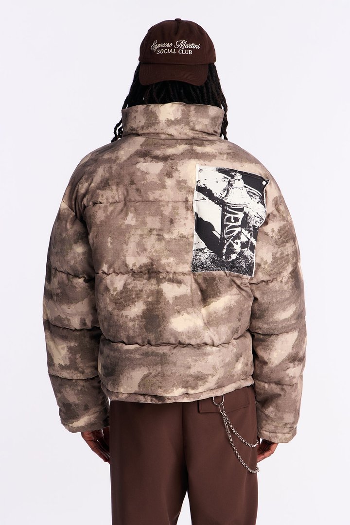 Cropped Camo Rebel Patched Puffer Jacket - Brown