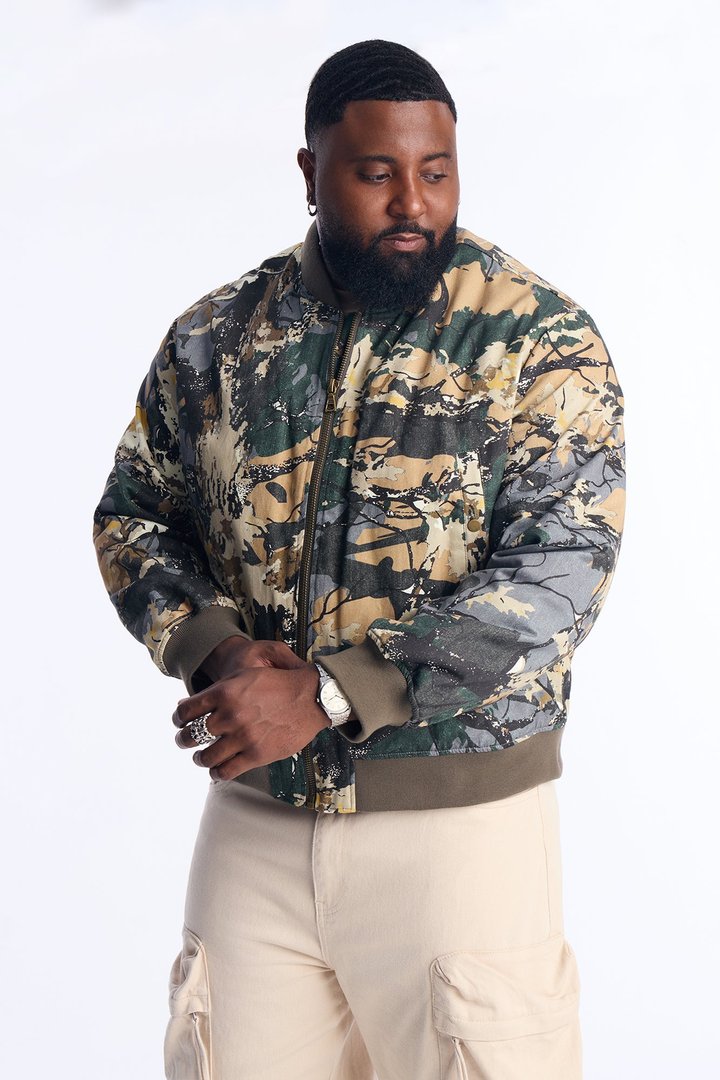 Relaxed Washed Abstract Camo Bomber Jacket - Camouflage