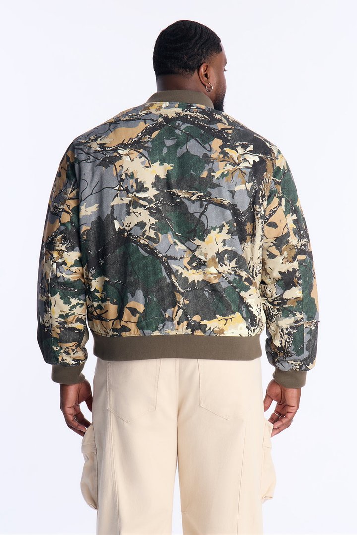 Relaxed Washed Abstract Camo Bomber Jacket - Camouflage