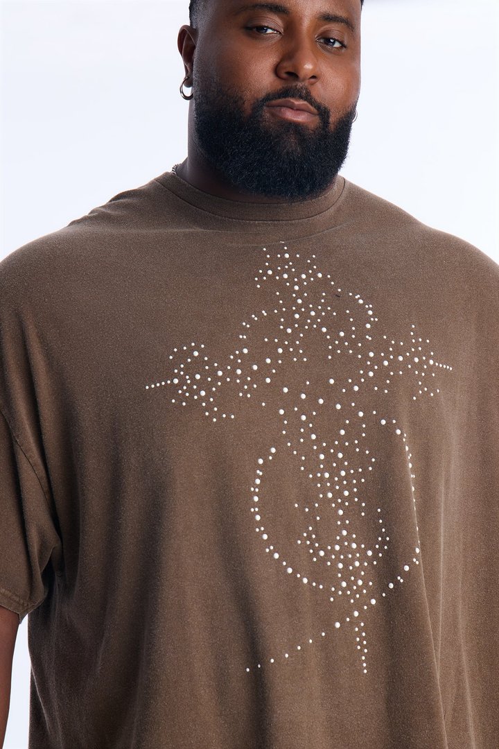 Holy Cross Rhinestone Pearl Oversized Short Sleeve Tee - Brown