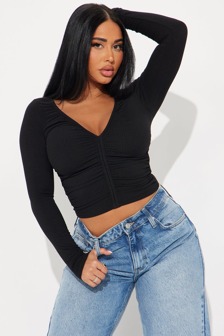 Mara Ruched Long Sleeve Top - Black
