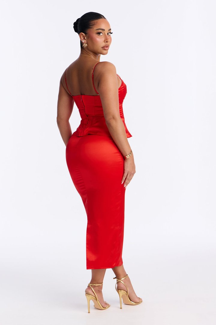 Deepest Desire Satin Peplum Corset Maxi Skirt Set - Red