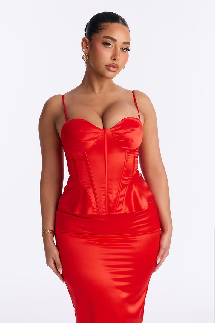 Deepest Desire Satin Peplum Corset Maxi Skirt Set - Red