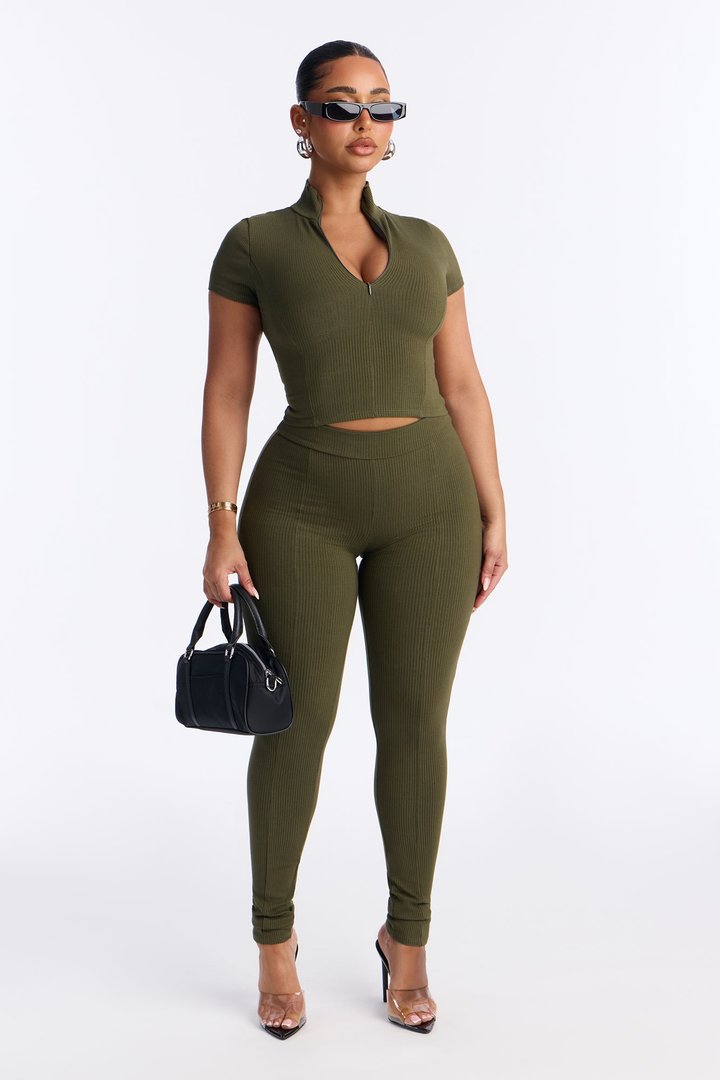 Mia Zip Snatched Pant Set - Olive