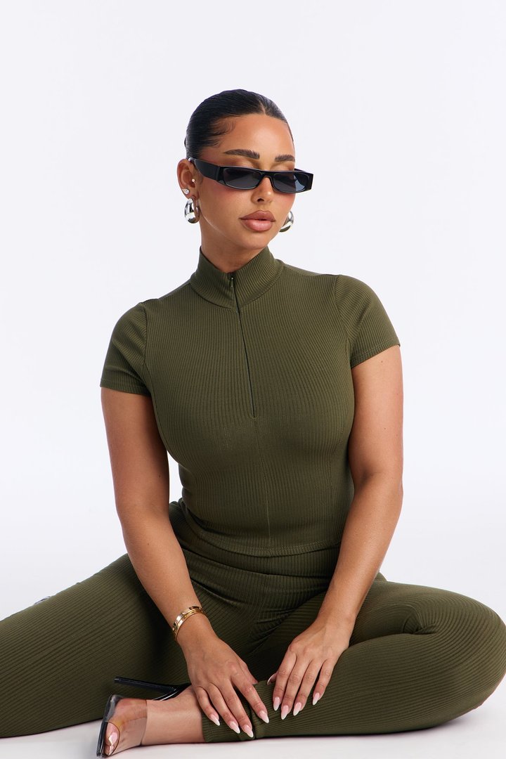 Mia Zip Snatched Pant Set - Olive