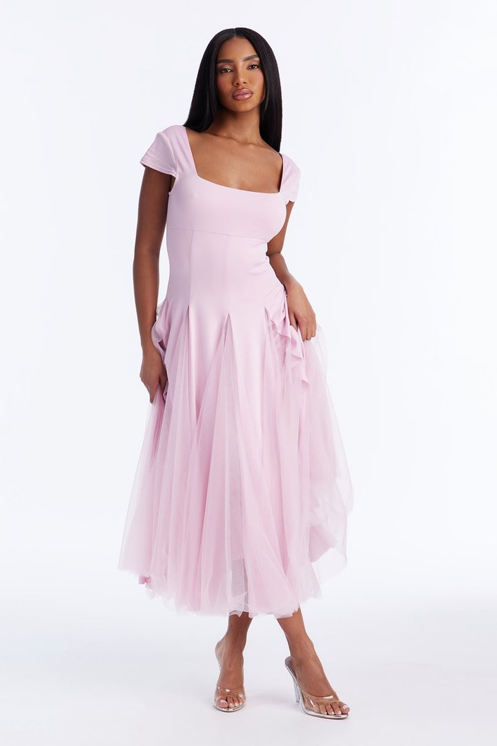 Naya Tulle Skirt Midi Dress - Pink