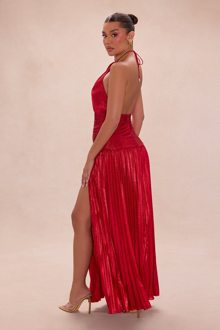 Leading Lady Backless Metallic Maxi Dress - Red