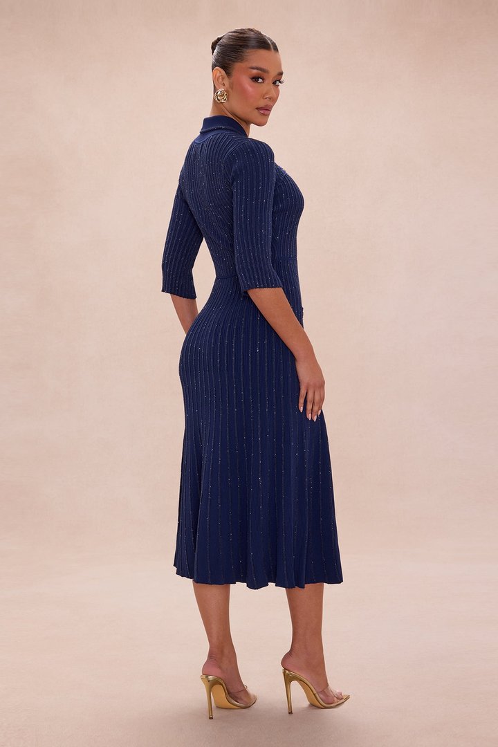 Rachelle Embellished Collared Maxi Dress - Navy