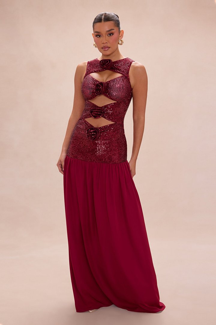 Andrea Sequin Drop Waist Gown - DarkRed