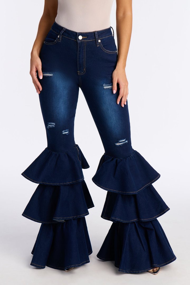 Spicy Steps Ruffle Flare Jeans - Dark Wash