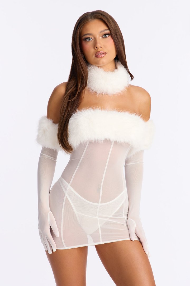 Plush Provocateur Mesh Faux Fur Chemise Dress With Gloves - White