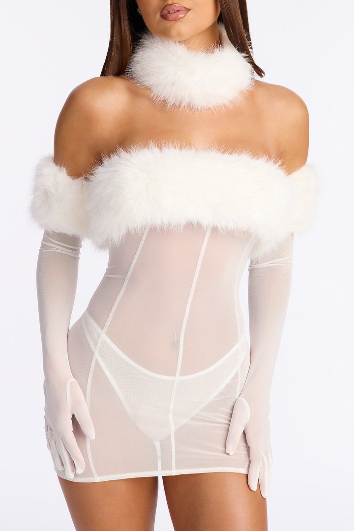 Plush Provocateur Mesh Faux Fur Chemise Dress With Gloves - White
