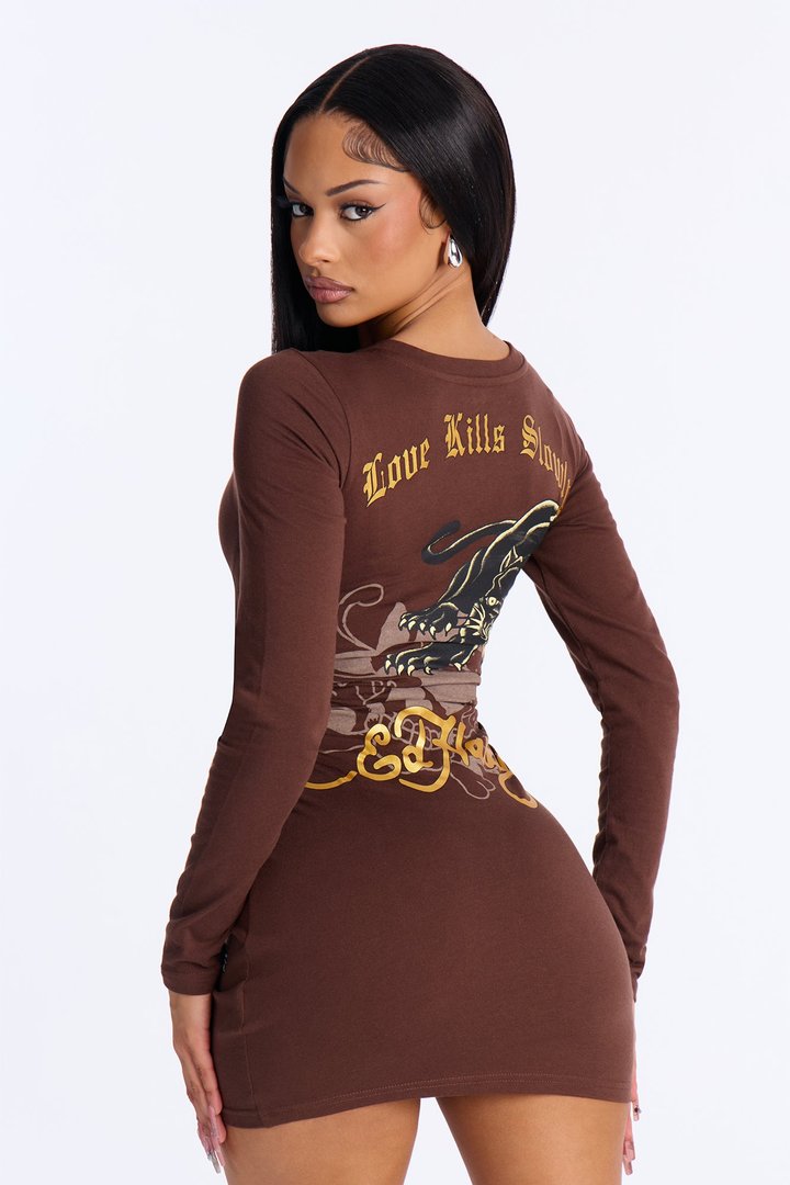 Ed Hardy Love Kills Slowly Skull Long Sleeve Mini Dress - Chocolate