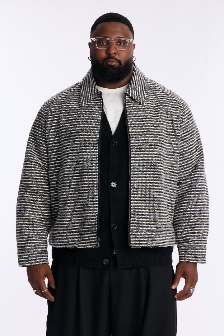 Relaxed Cropped Tweed Bomber Jacket - Grey