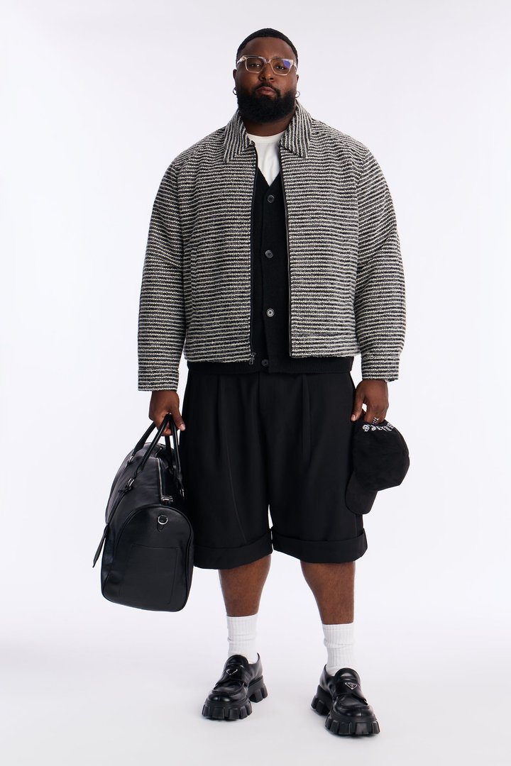 Relaxed Cropped Tweed Bomber Jacket - Grey