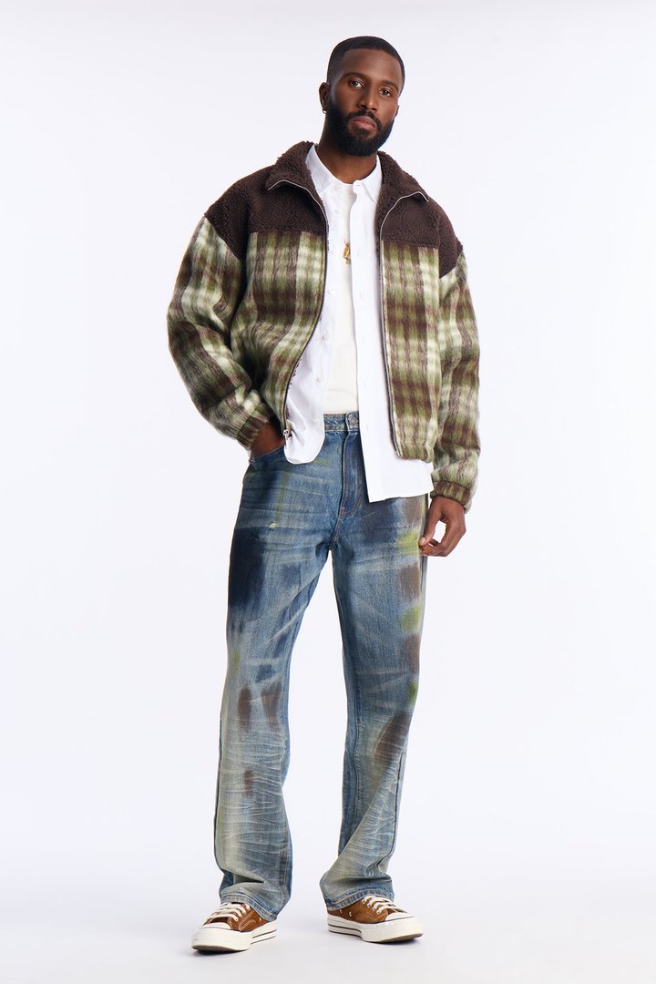 Relaxed Sherpa Plaid Mix Zip Jacket - Brown/combo