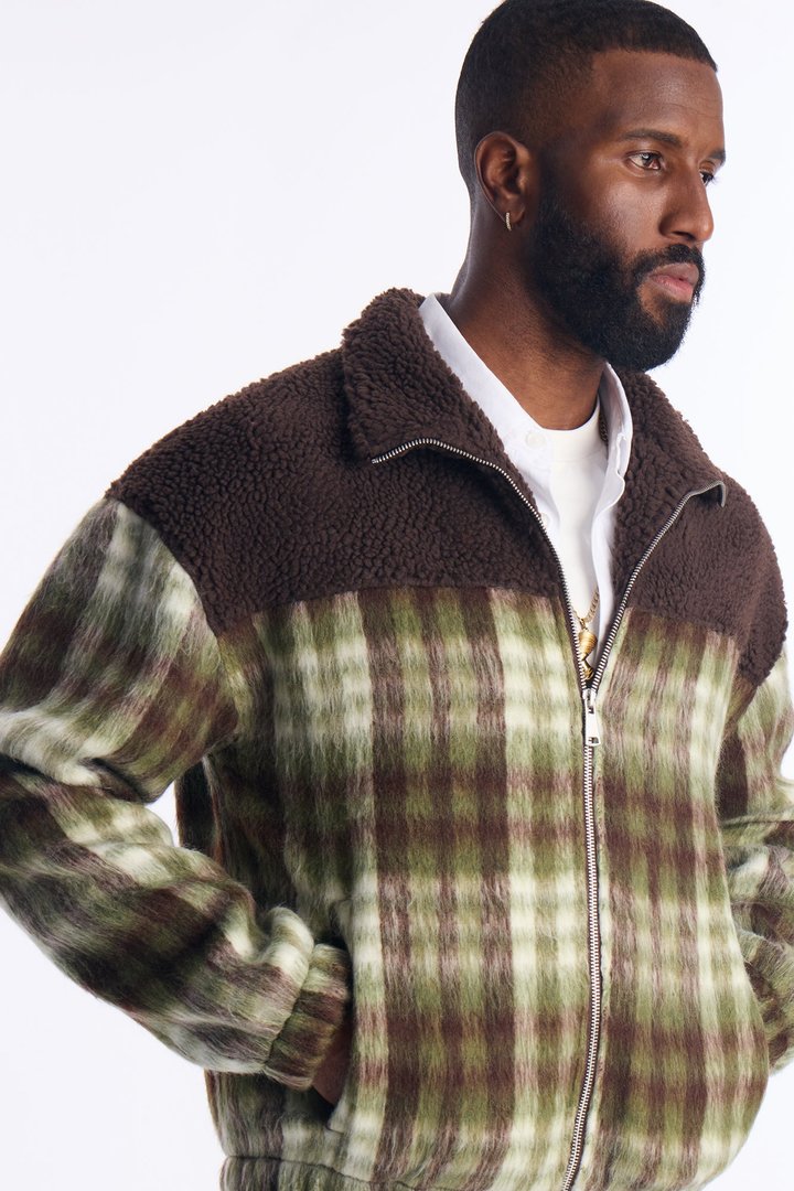 Relaxed Sherpa Plaid Mix Zip Jacket - Brown/combo