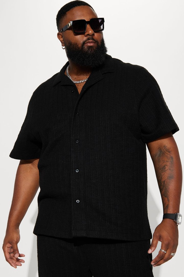 Dean Textured Short Sleeve Button Up Shirt - Black