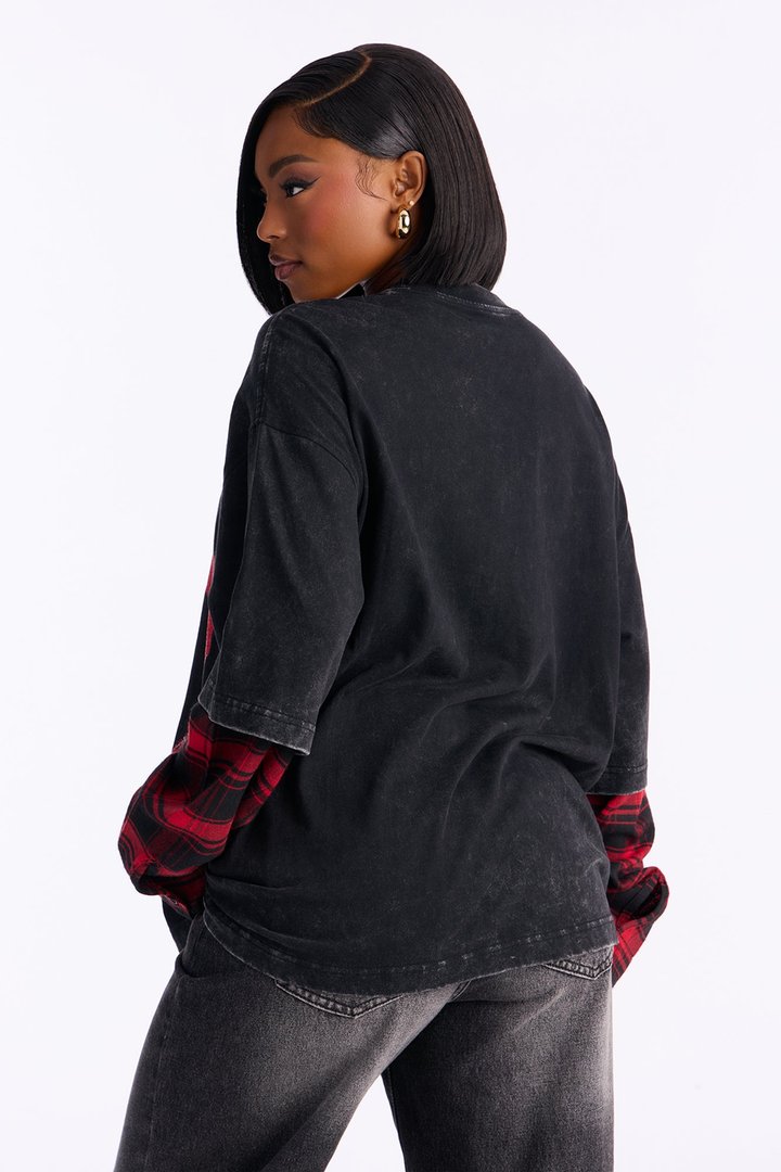 After Party 85 Plaid Crew Neck Twofer Tshirt - Red/combo