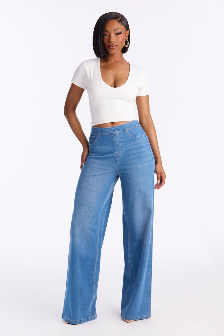 Amber Knit Wide Leg Pant 33″ - Medium Wash