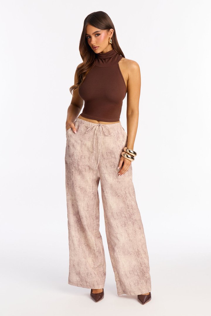 Amelia Textured Wide Leg Pull On Drawstring Pant 32″ - Brown/combo