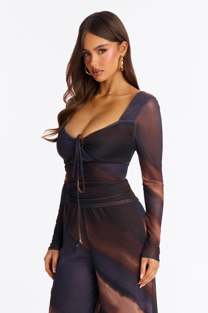 Liana Mesh Tie Neck Top And Wide Leg Pant Set - Brown/combo
