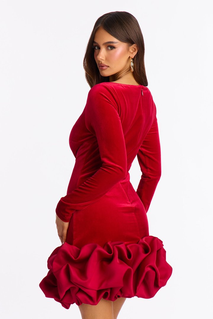 Sienna Velvet Long Sleeve Mini Dress - Red