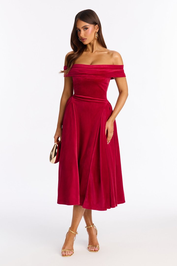 Lillian Pleated Velour Midi Dress - Red
