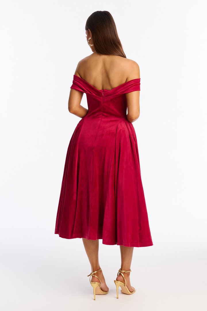 Lillian Pleated Velour Midi Dress - Red