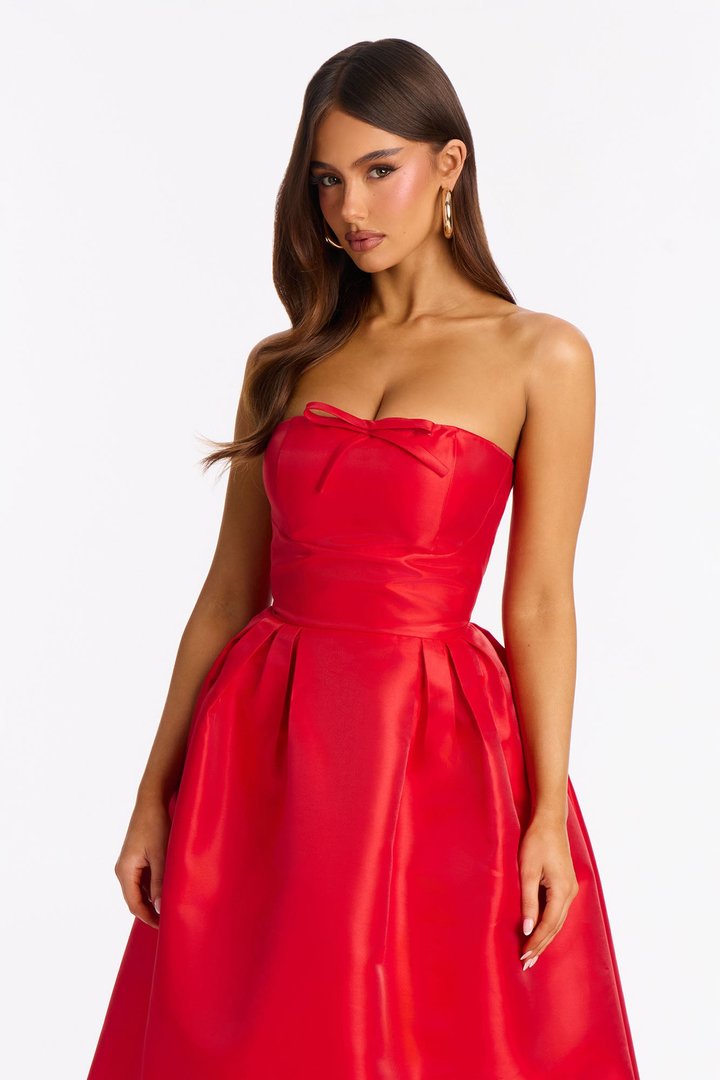 Cadence Bow Satin Midi Dress - Red