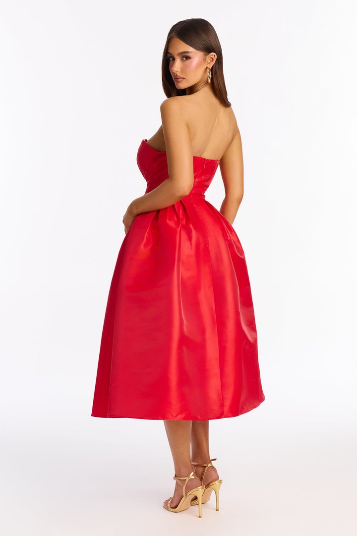 Cadence Bow Satin Midi Dress - Red
