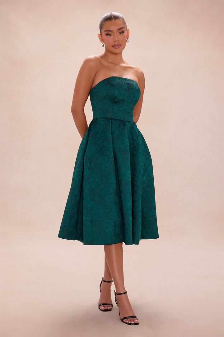 Ashlyn Strapless Jacquard Midi Dress - Hunter