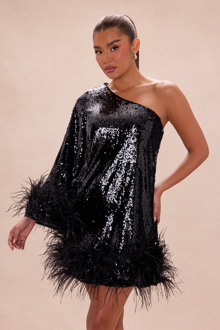 Robyn Sequin Feathered Mini Dress - Black