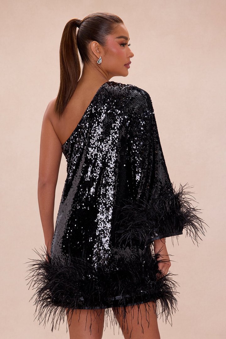 Robyn Sequin Feathered Mini Dress - Black