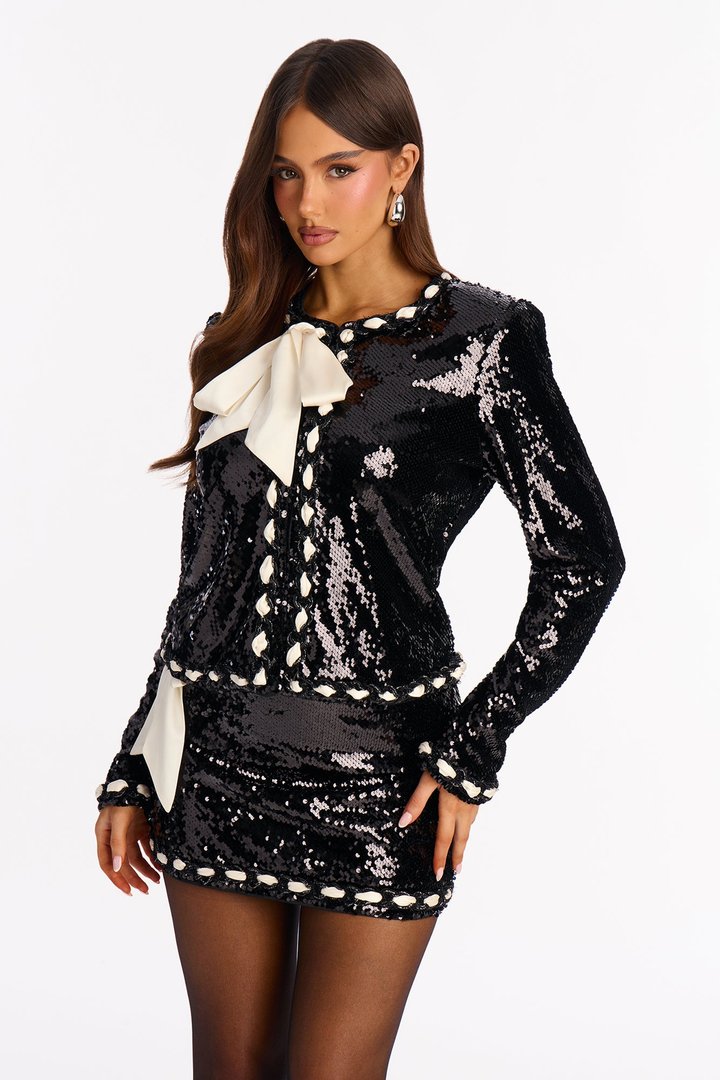 Holiday Glam Satin Sash Sequin Jacket - Black/combo