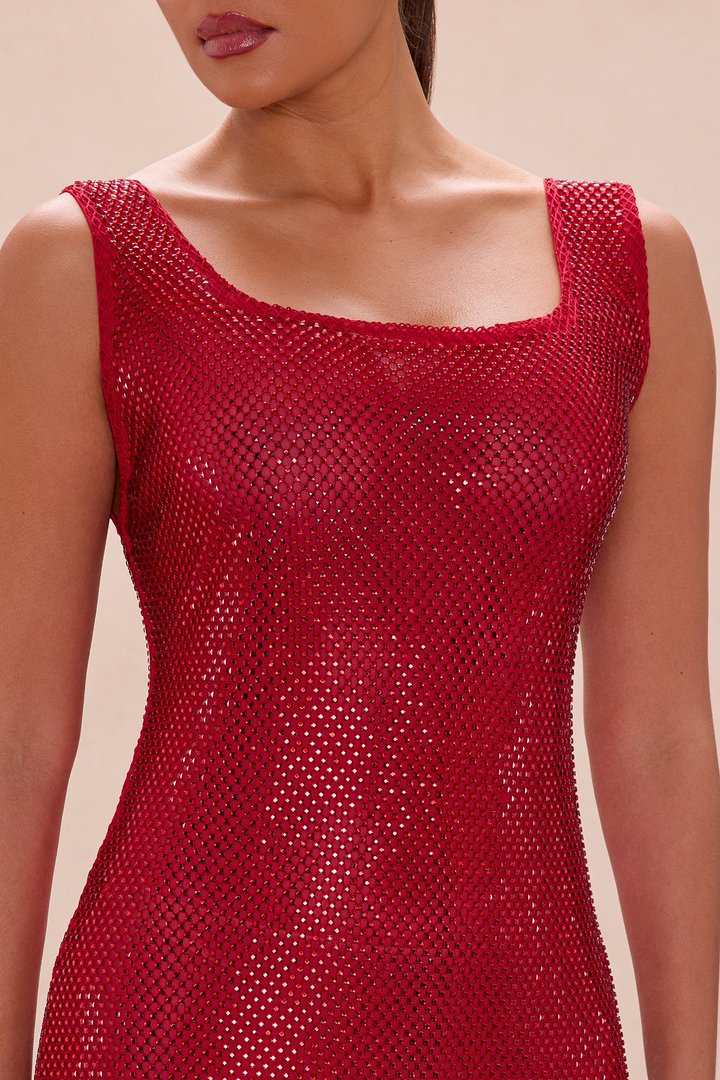 Dazzling Nights Rhinestone Maxi Dress - DarkRed